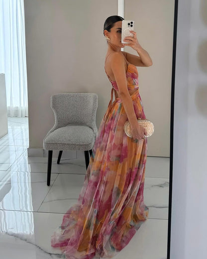 Elegante Vestido Maxi Floral Acuarela para Mujeres con Escote en V Sin Mangas y Cintura Envueltada, Estilo Formal para Invitadas de Boda