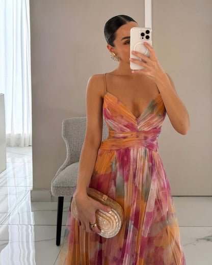 Elegante Vestido Maxi Floral Acuarela para Mujeres con Escote en V Sin Mangas y Cintura Envueltada, Estilo Formal para Invitadas de Boda