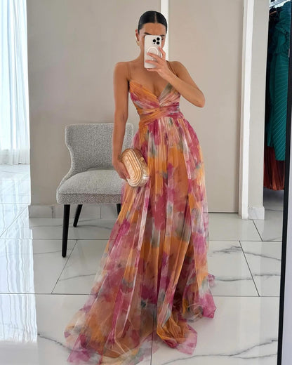 Elegante Vestido Maxi Floral Acuarela para Mujeres con Escote en V Sin Mangas y Cintura Envueltada, Estilo Formal para Invitadas de Boda