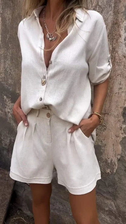 Conjunto de Dos Piezas de Lino Sin Esfuerzo para Mujeres con Cuello en V, Mangas de Codo y Pantalones Cortos Plisados de Estilo Relajado
