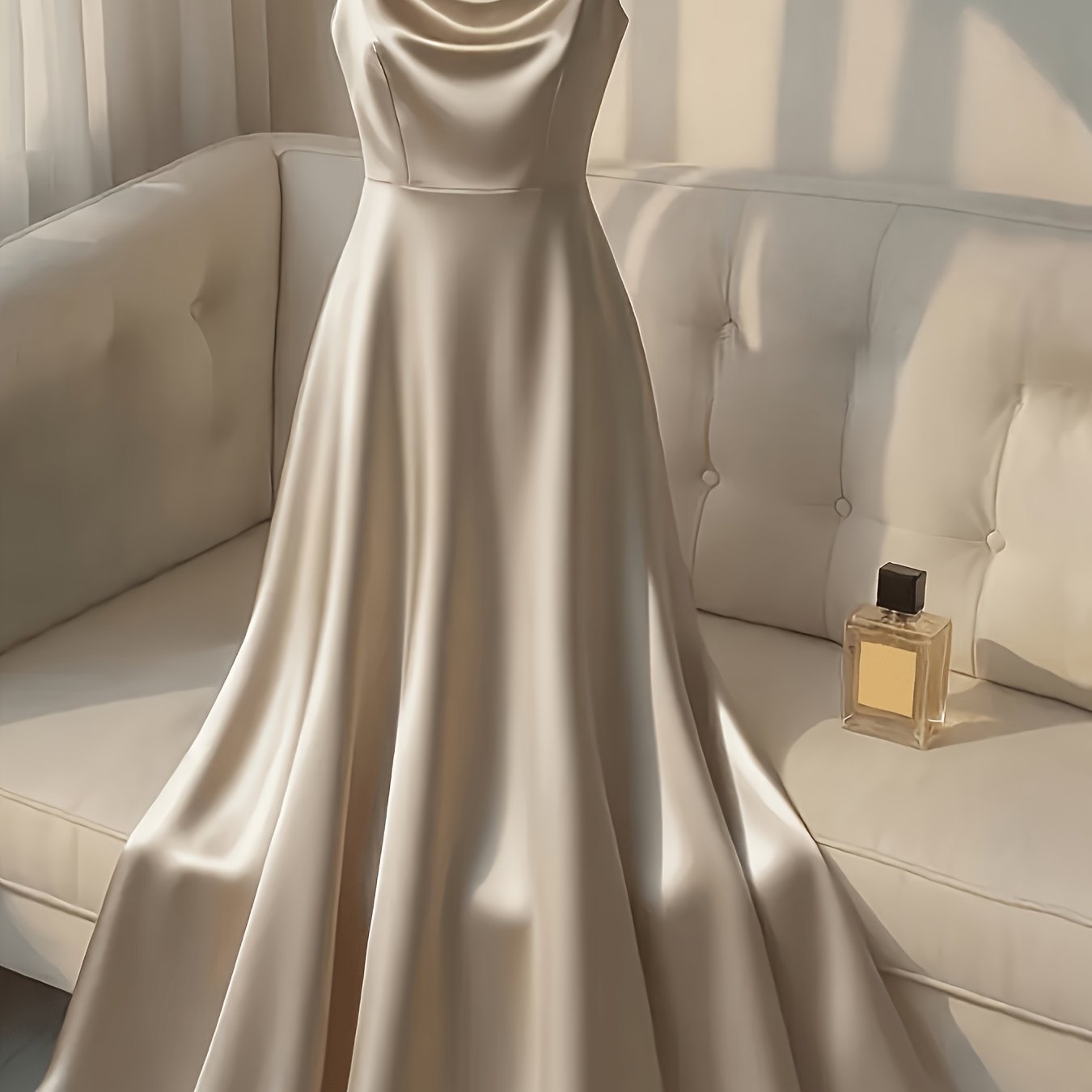 Elegante Vestido Maxi de Satén para Mujeres con Cuello Cowl y Tirantes de Perlas para Estilo Formal de Invitada de Boda
