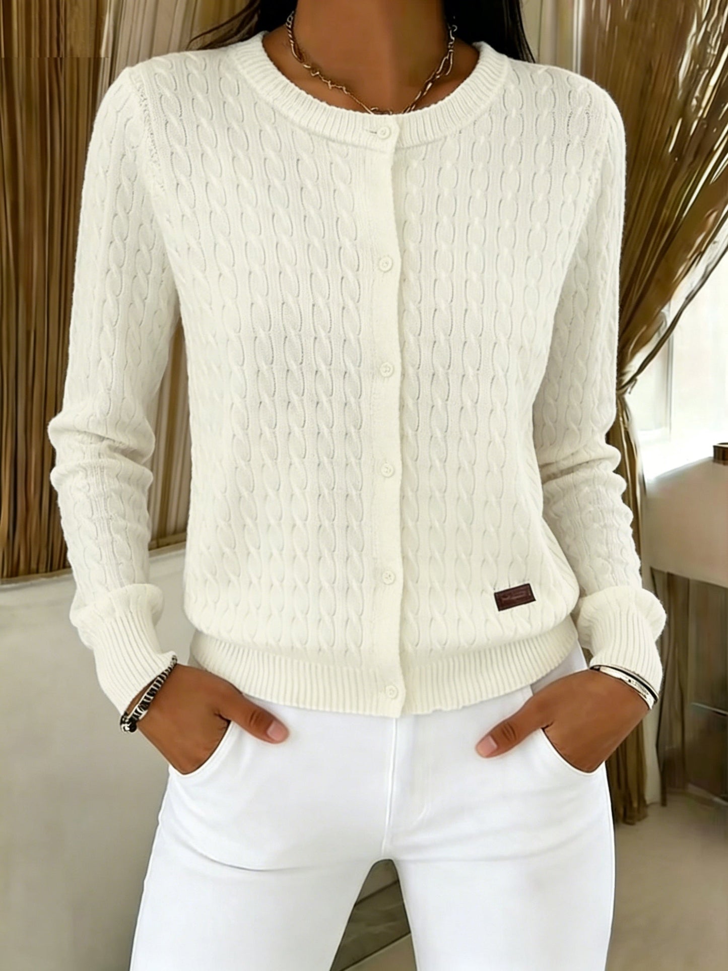 Suéter de Cárdigan de Punto Trenzado Cómodo para Mujeres con Cuello Redondo, Manga Larga y Estilo Casual Relajado