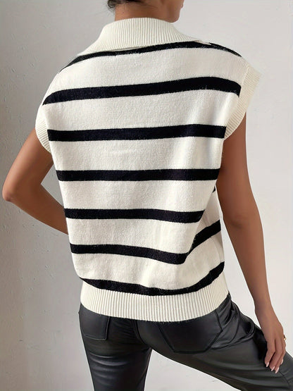 Chaleco de Punto a Rayas Blanco y Negro Cómodo para Mujeres con Cuello Camisero y Escote en V Sin Mangas Estilo Relajado