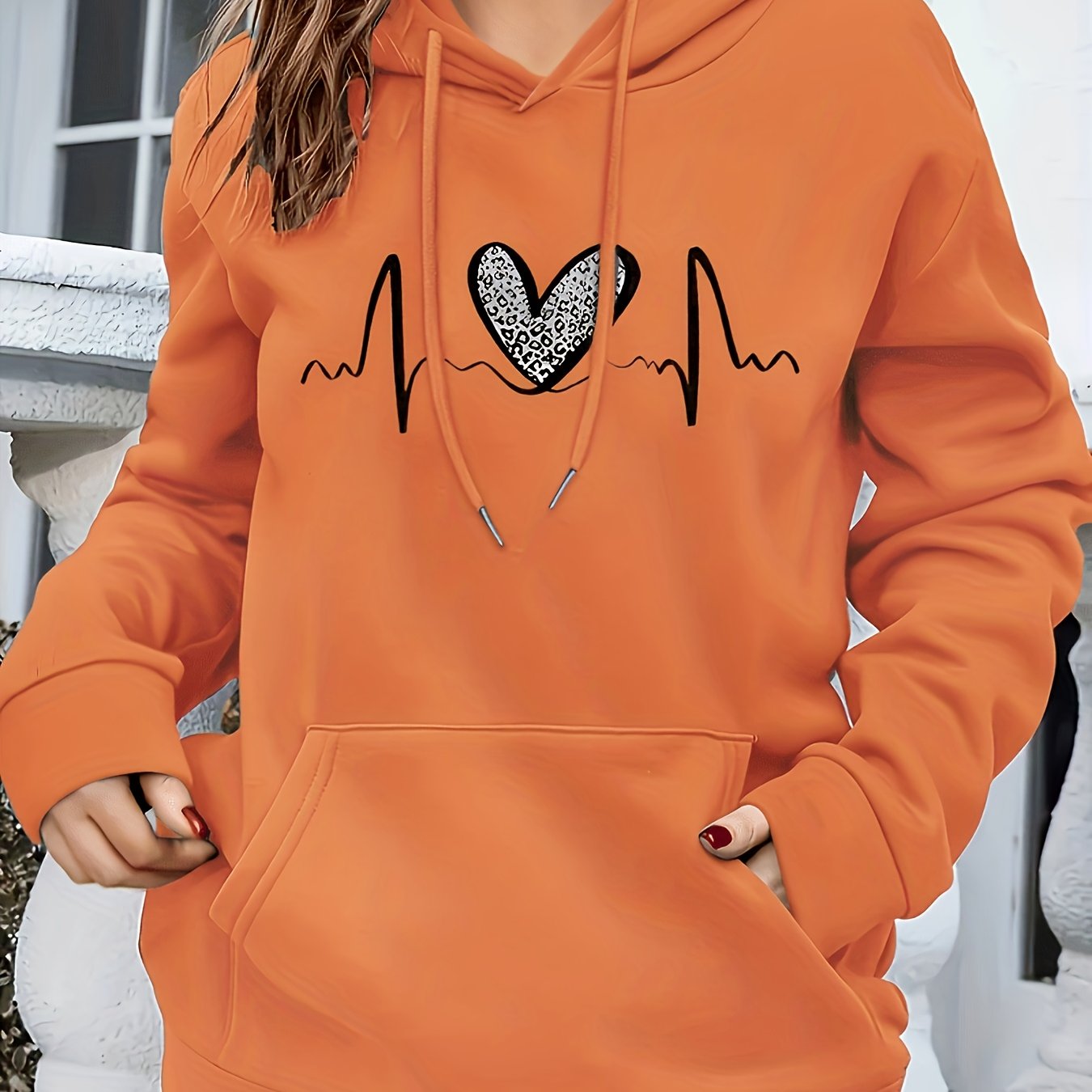 Sudadera con estampado de latido del corazón cómoda para mujeres con capucha ajustable, manga larga, bolsillo canguro, estilo oversize