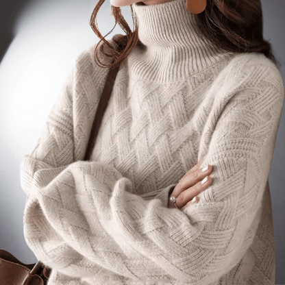 Suéter de Punto Trenzado Cómodo para Mujeres con Cuello Alto, Manga Larga, Estilo Oversized y Relajado