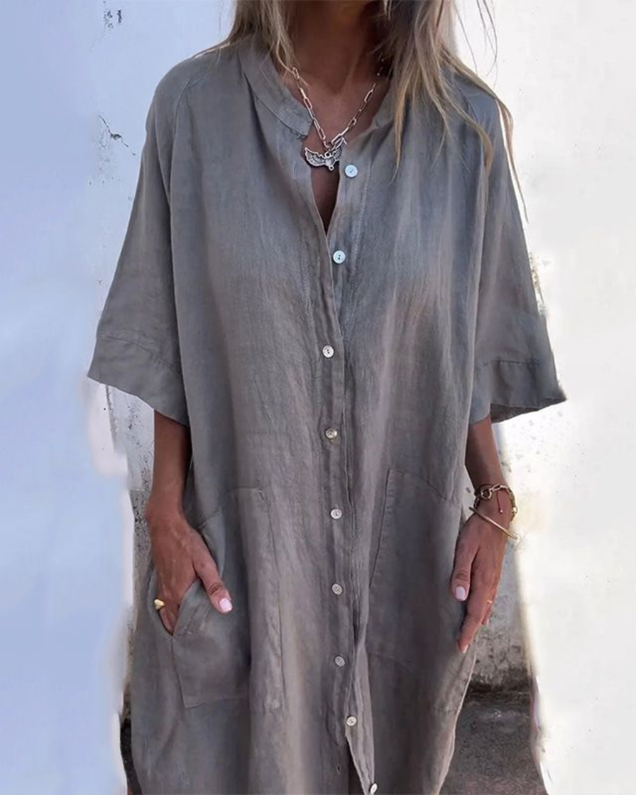 Vestido Camisa de Lino Sin Esfuerzo para Mujeres con Cuello y Manga Corta, Estilo Relajado con Botones