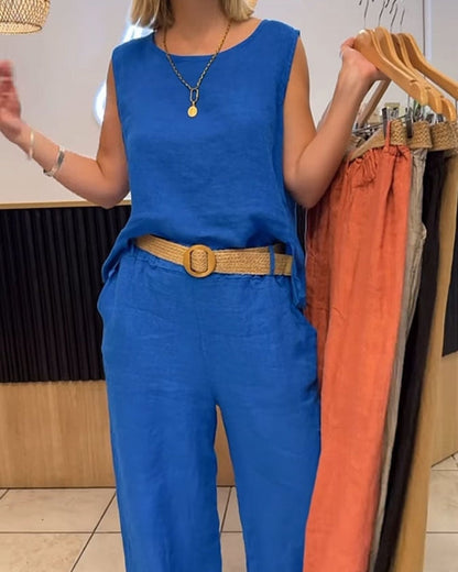 Conjunto de Lino Amplio y Sin Mangas para Mujeres con Cuello Redondo, Estilo Relajado de Dos Piezas