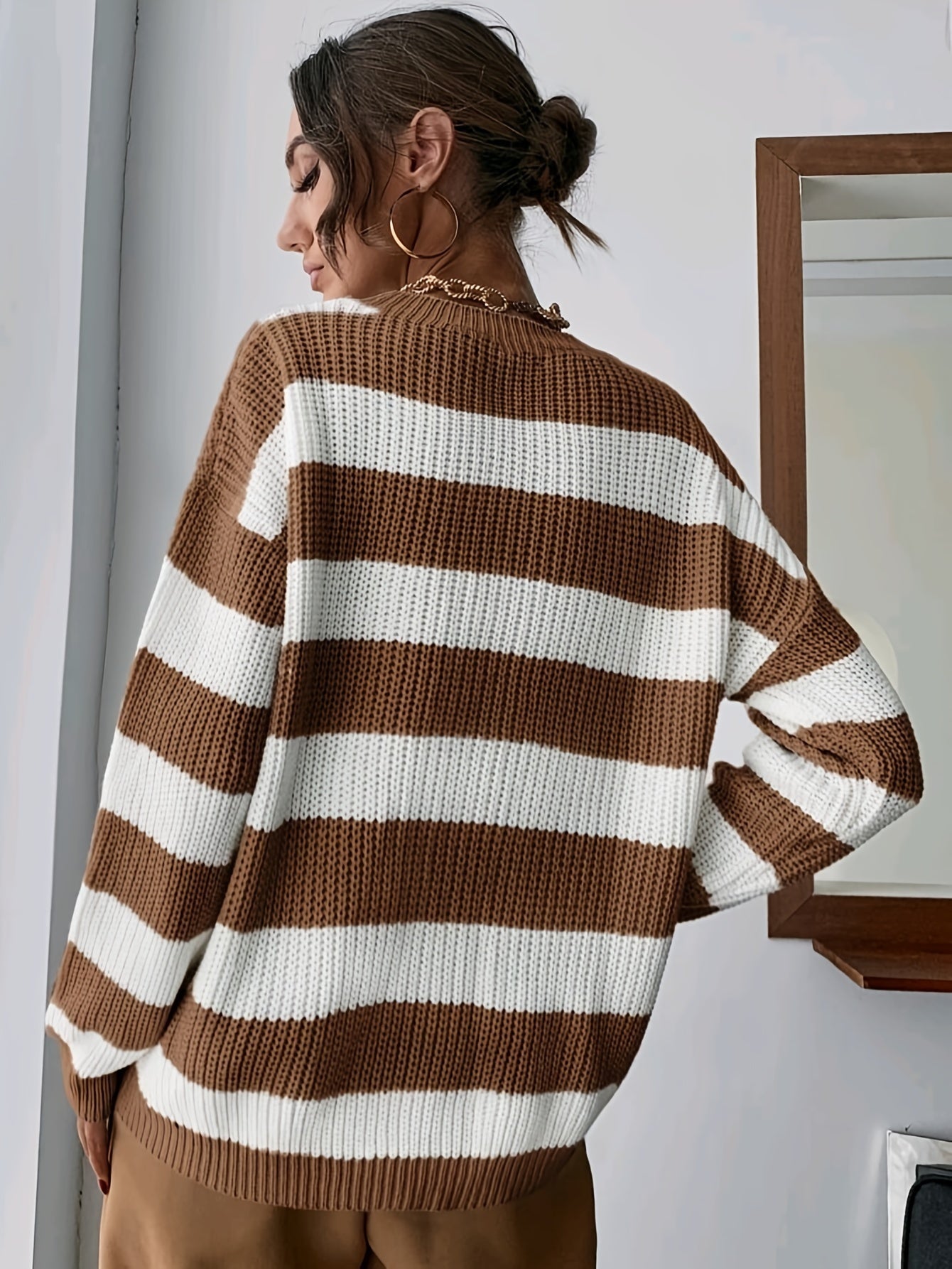 Suéter a Rayas Cómodo para Mujeres con Cuello Redondo, Manga Larga, Estilo Relajado y Oversized