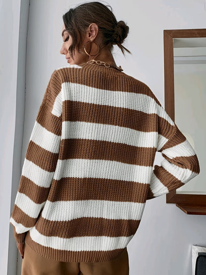 Suéter a Rayas Cómodo para Mujeres con Cuello Redondo, Manga Larga, Estilo Relajado y Oversized
