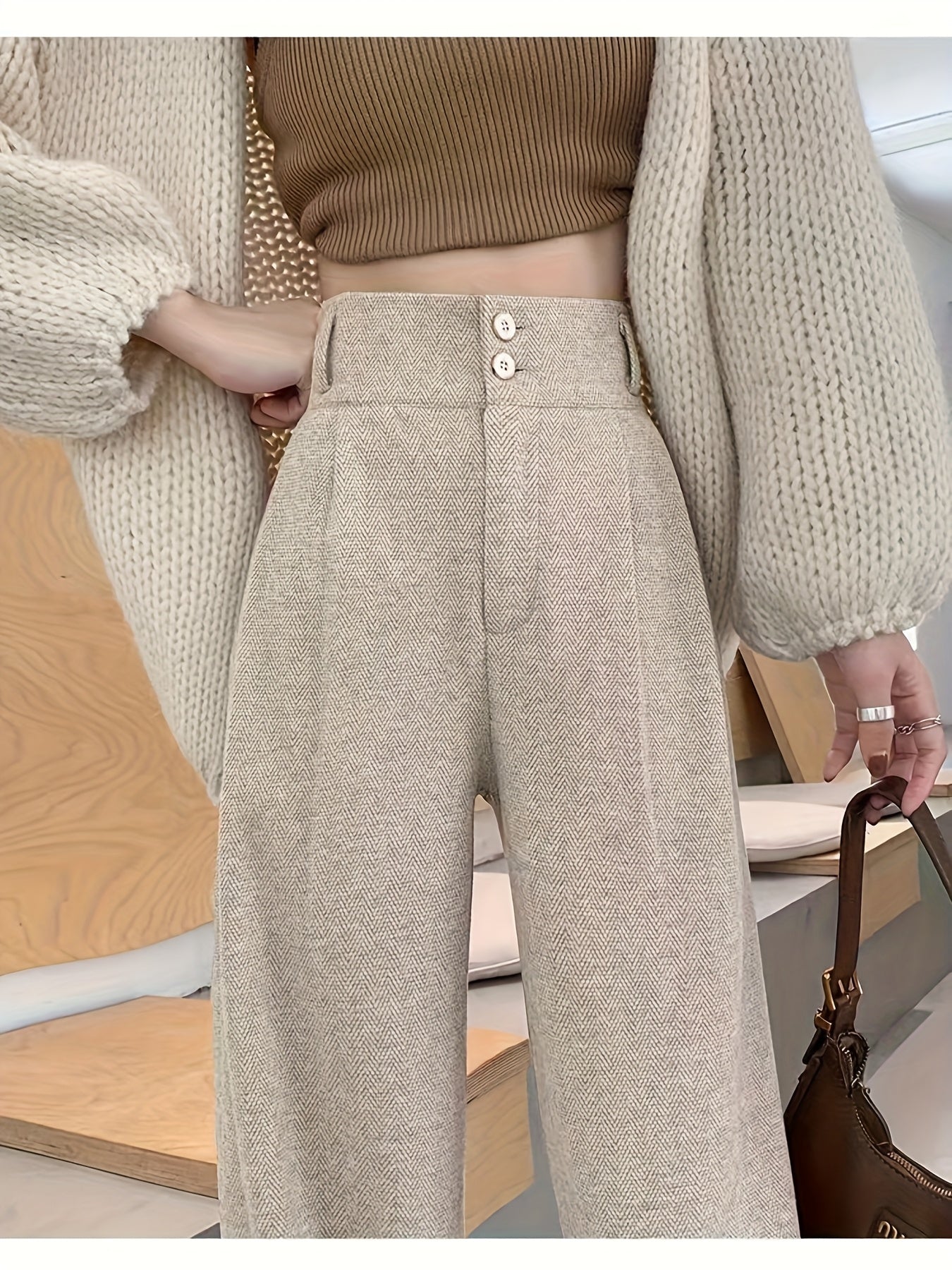 Pantalones Elegantes de Pierna Ancha en Pata de Gallo para Mujeres con Cintura Alta y Cierre de Botón Frontal con Pliegues