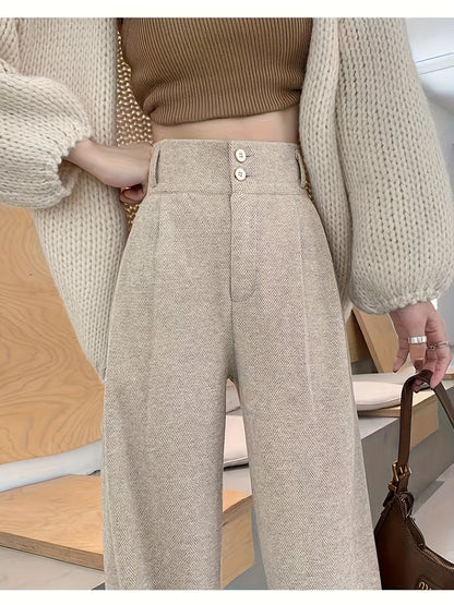 Pantalones Elegantes de Pierna Ancha en Pata de Gallo para Mujeres con Cintura Alta y Cierre de Botón Frontal con Pliegues