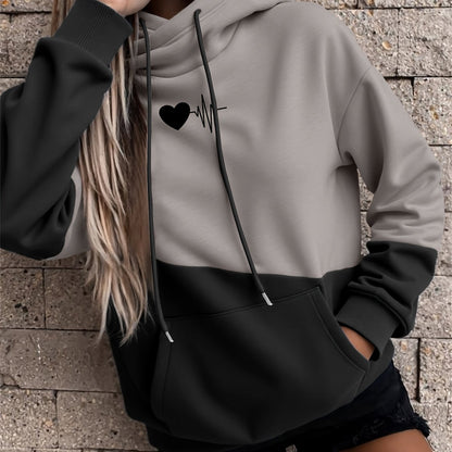 Sudadera cómoda con diseño colorblock y estampado de latidos para mujeres con capucha ajustable, manga larga y estilo de bolsillo canguro.