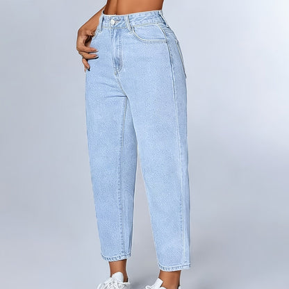 Jeans Mom Relajados en Azul Claro para Mujeres con Cintura Alta y Dobladillo Ajustado