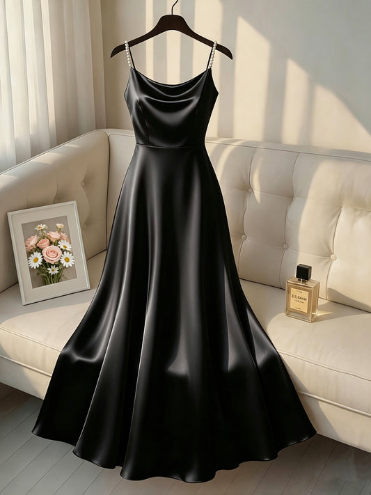 Elegante Vestido Maxi de Satén para Mujeres con Cuello Cowl y Tirantes de Perlas para Estilo Formal de Invitada de Boda