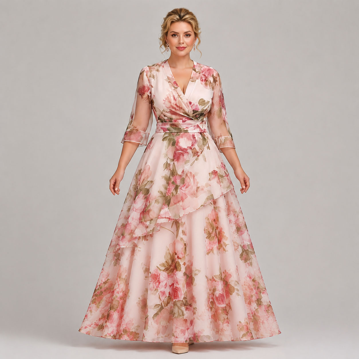 Elegante Vestido Maxi Floral Rosa para Mujeres con Escote en V, Manga de Campana, Estilo de Invitada de Boda con Volantes en Capas
