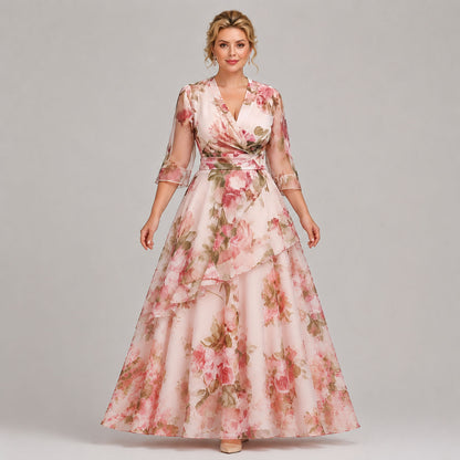 Elegante Vestido Maxi Floral Rosa para Mujeres con Escote en V, Manga de Campana, Estilo de Invitada de Boda con Volantes en Capas