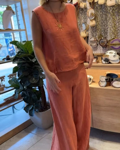 Conjunto de Lino Amplio y Sin Mangas para Mujeres con Cuello Redondo, Estilo Relajado de Dos Piezas