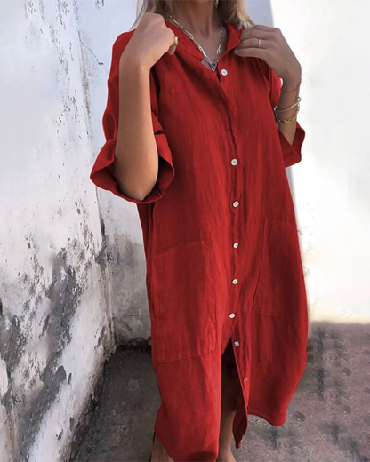 Vestido Camisa de Lino Sin Esfuerzo para Mujeres con Cuello y Manga Corta, Estilo Relajado con Botones