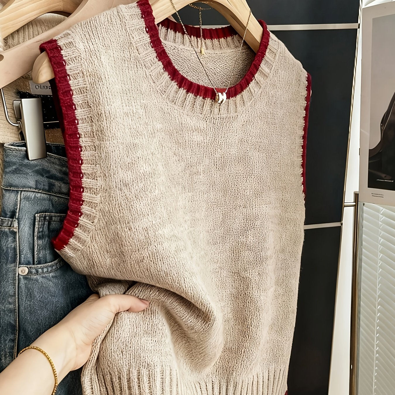 Chaleco de Suéter de Contraste Cómodo para Mujeres con Cuello Redondo, Sin Mangas, dobladillo Acanalado, Estilo Oversized