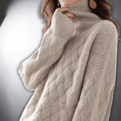 Suéter de Punto Trenzado Cómodo para Mujeres con Cuello Alto, Manga Larga, Estilo Oversized y Relajado