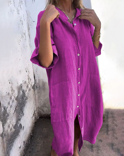 Vestido Camisa de Lino Sin Esfuerzo para Mujeres con Cuello y Manga Corta, Estilo Relajado con Botones