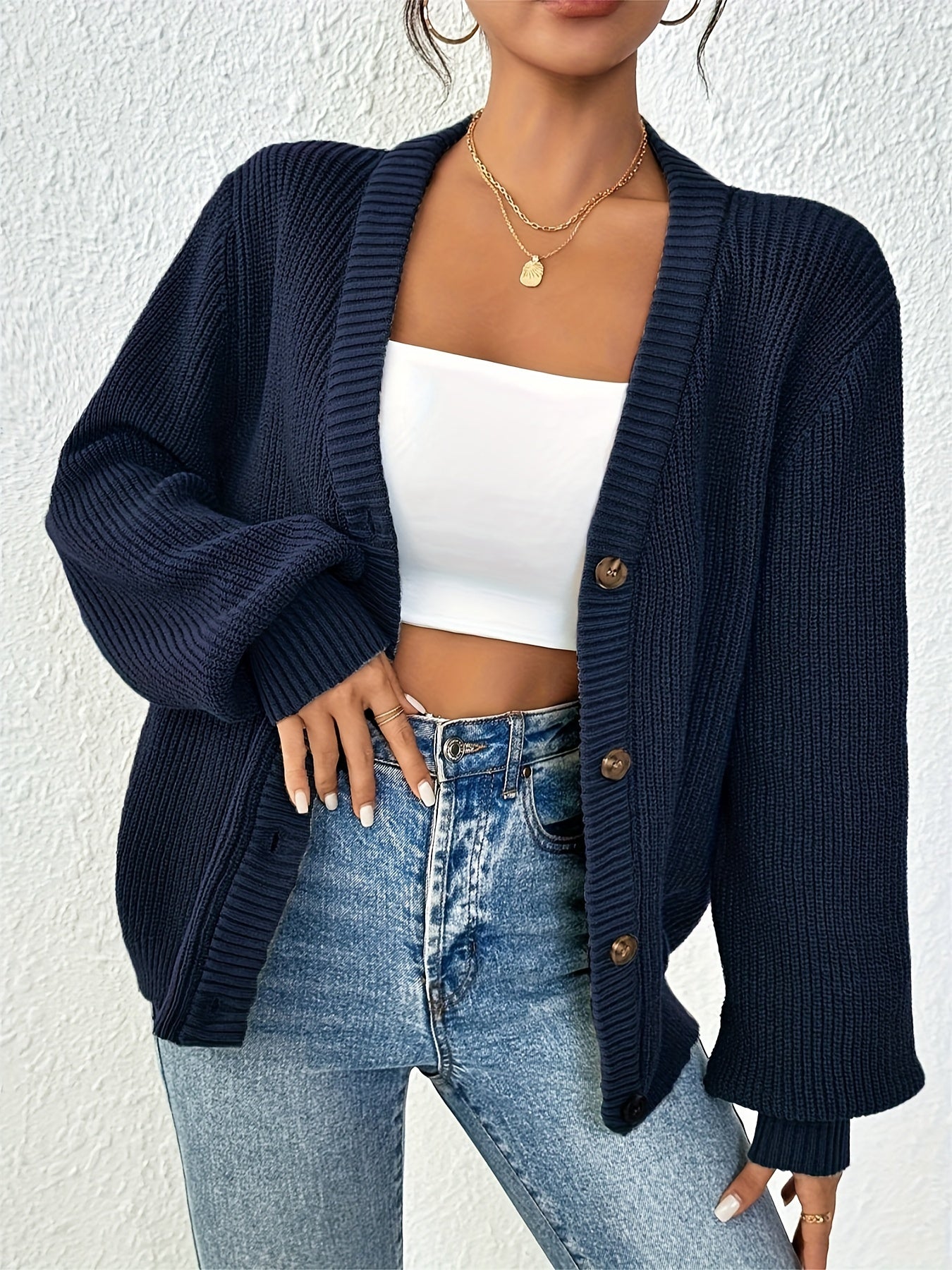 Cárdigan de Punto Acanalado Cómodo para Mujeres con Cuello en V, Mangas Globo, Botones en la Parte Frontal y Estilo Oversized