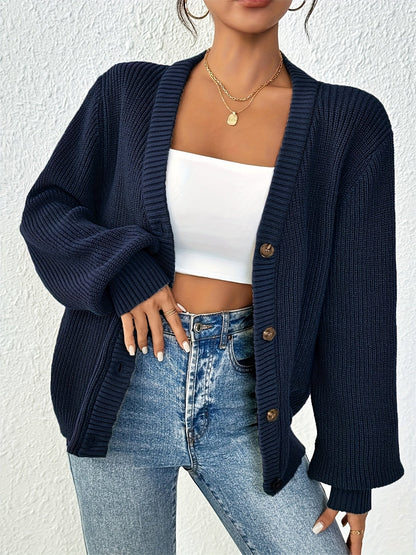 Cárdigan de Punto Acanalado Cómodo para Mujeres con Cuello en V, Mangas Globo, Botones en la Parte Frontal y Estilo Oversized