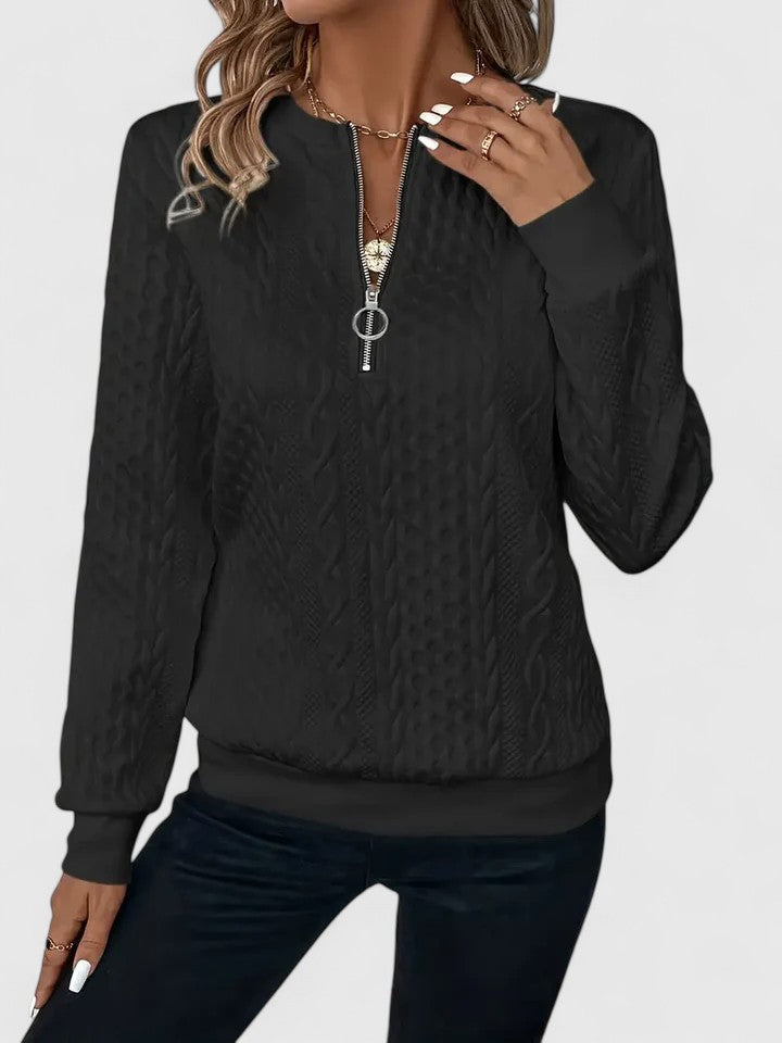 Sudadera de punto trenzado cómoda para mujeres con cuello de triplete y manga larga, estilo relajado y oversize