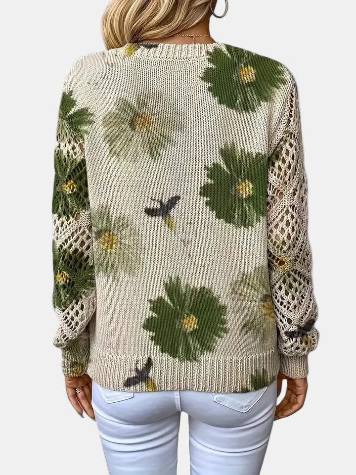 Suéter de Ganchillo Floral Cómodo para Mujeres con Cuello en V y Mangas de Globo, Estilo Oversized