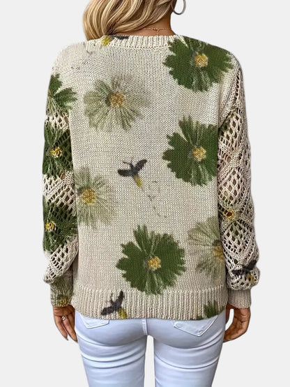 Suéter de Ganchillo Floral Cómodo para Mujeres con Cuello en V y Mangas de Globo, Estilo Oversized