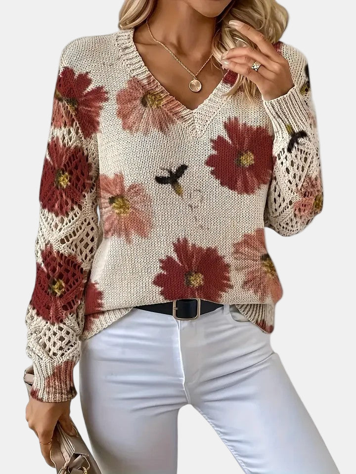 Suéter de Ganchillo Floral Cómodo para Mujeres con Cuello en V y Mangas de Globo, Estilo Oversized