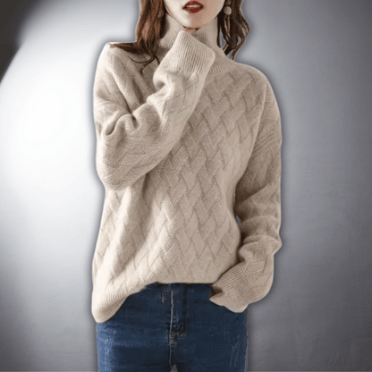 Suéter de Punto Trenzado Cómodo para Mujeres con Cuello Alto, Manga Larga, Estilo Oversized y Relajado