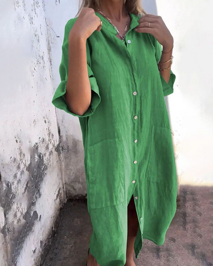 Vestido Camisa de Lino Sin Esfuerzo para Mujeres con Cuello y Manga Corta, Estilo Relajado con Botones