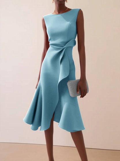 Vestido Midi Elegante con Drapé para Mujeres con Escote Barco, Sin Mangas y Bajo con Volantes Asimétricos Estilo Cóctel