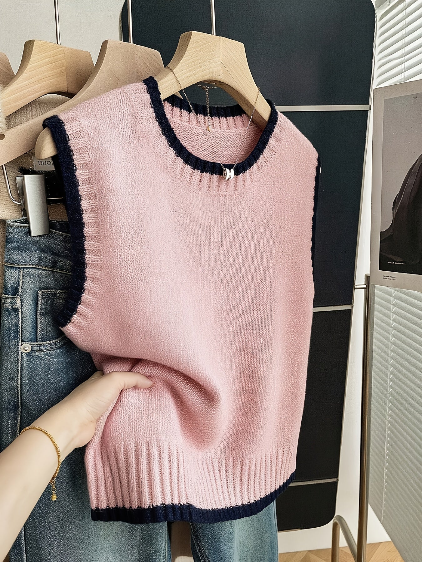 Chaleco de Suéter de Contraste Cómodo para Mujeres con Cuello Redondo, Sin Mangas, dobladillo Acanalado, Estilo Oversized