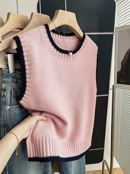 Chaleco de Suéter de Contraste Cómodo para Mujeres con Cuello Redondo, Sin Mangas, dobladillo Acanalado, Estilo Oversized
