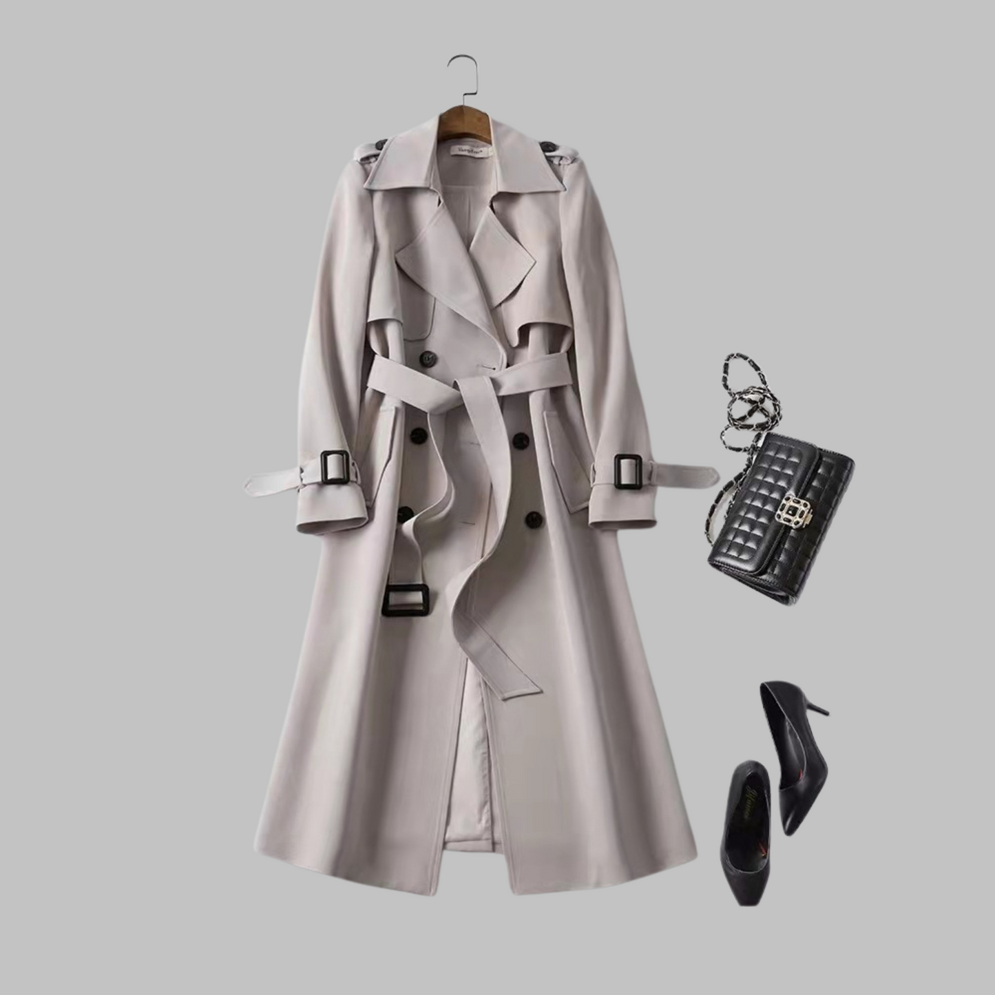 Abrigo Trench Elegante para Mujeres con Solapa Cortada, Manga Larga, Doble Botonadura y Cinturón, Estilo Fluido