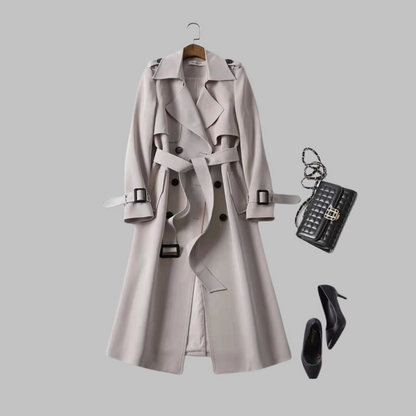 Abrigo Trench Elegante para Mujeres con Solapa Cortada, Manga Larga, Doble Botonadura y Cinturón, Estilo Fluido