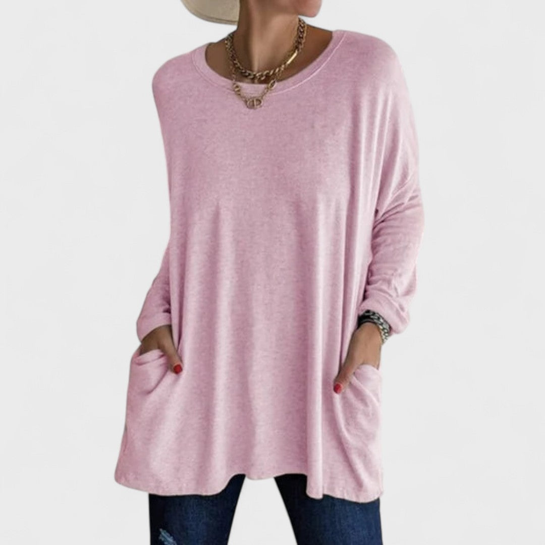Túnica Oversized Sin Esfuerzo para Mujeres con Cuello Redondo, Manga Larga, Bolsillos Laterales y Estilo Relajado