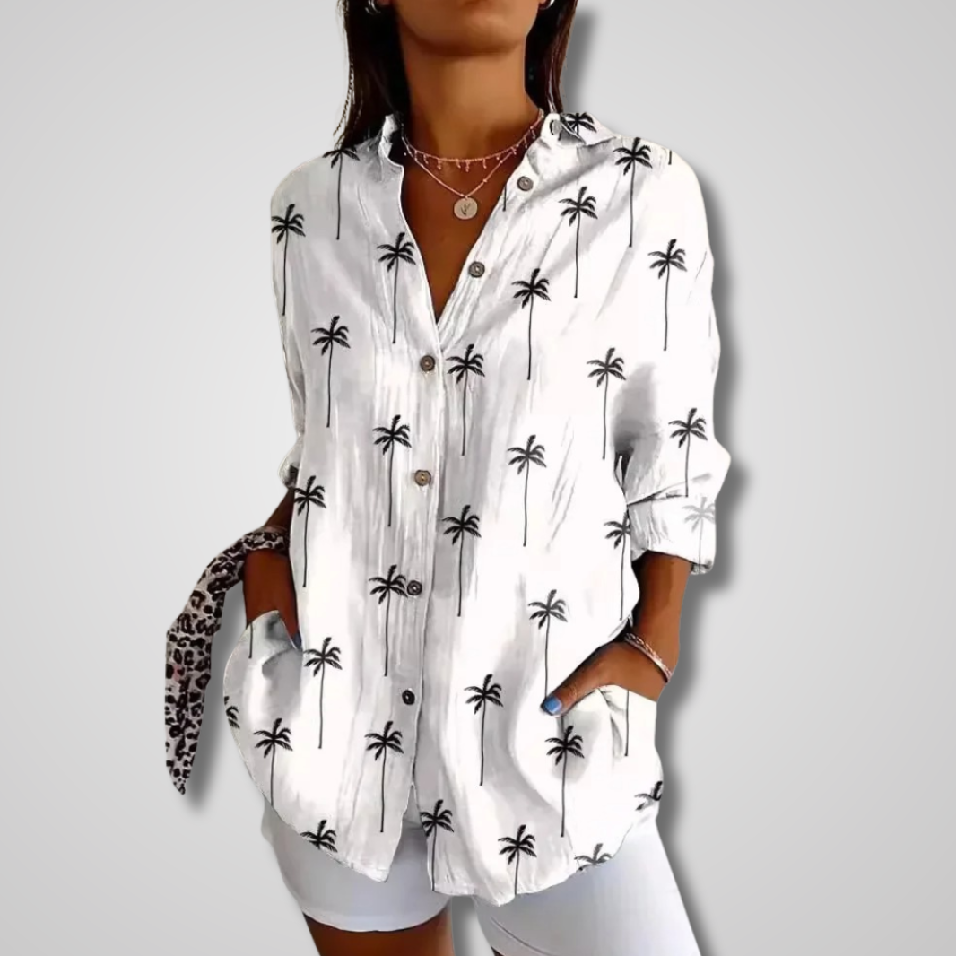 Blusa de Estampado de Parchwork Sin Esfuerzo para Mujeres con Cuello, Manga Larga, Botones en la Parte Frontal, Estilo Casual Relajado
