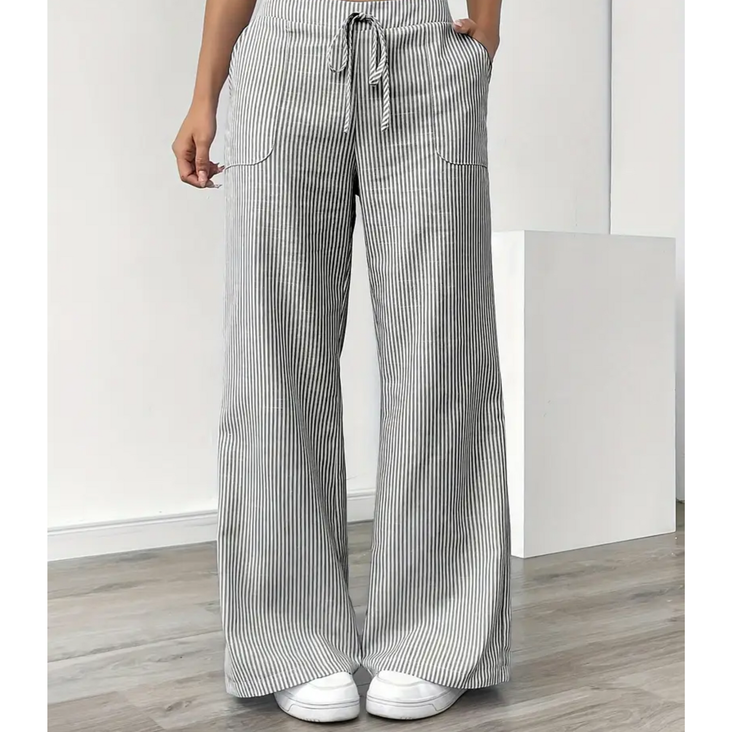 Pantalones Anchos a Rayas para Mujeres con Cintura Alta y Cuerda, Estilo Casual Relajado