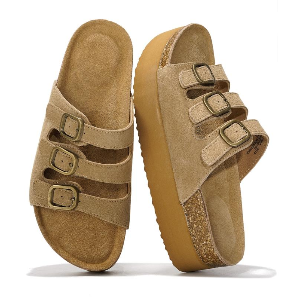 Sandalias de Plataforma Cómodas para Mujeres con Correa de Triple Hebilla y Plantilla de Corcho