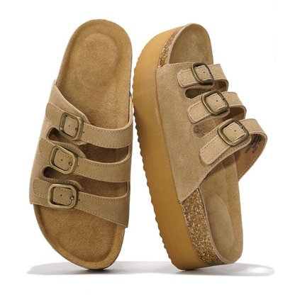 Sandalias de Plataforma Cómodas para Mujeres con Correa de Triple Hebilla y Plantilla de Corcho