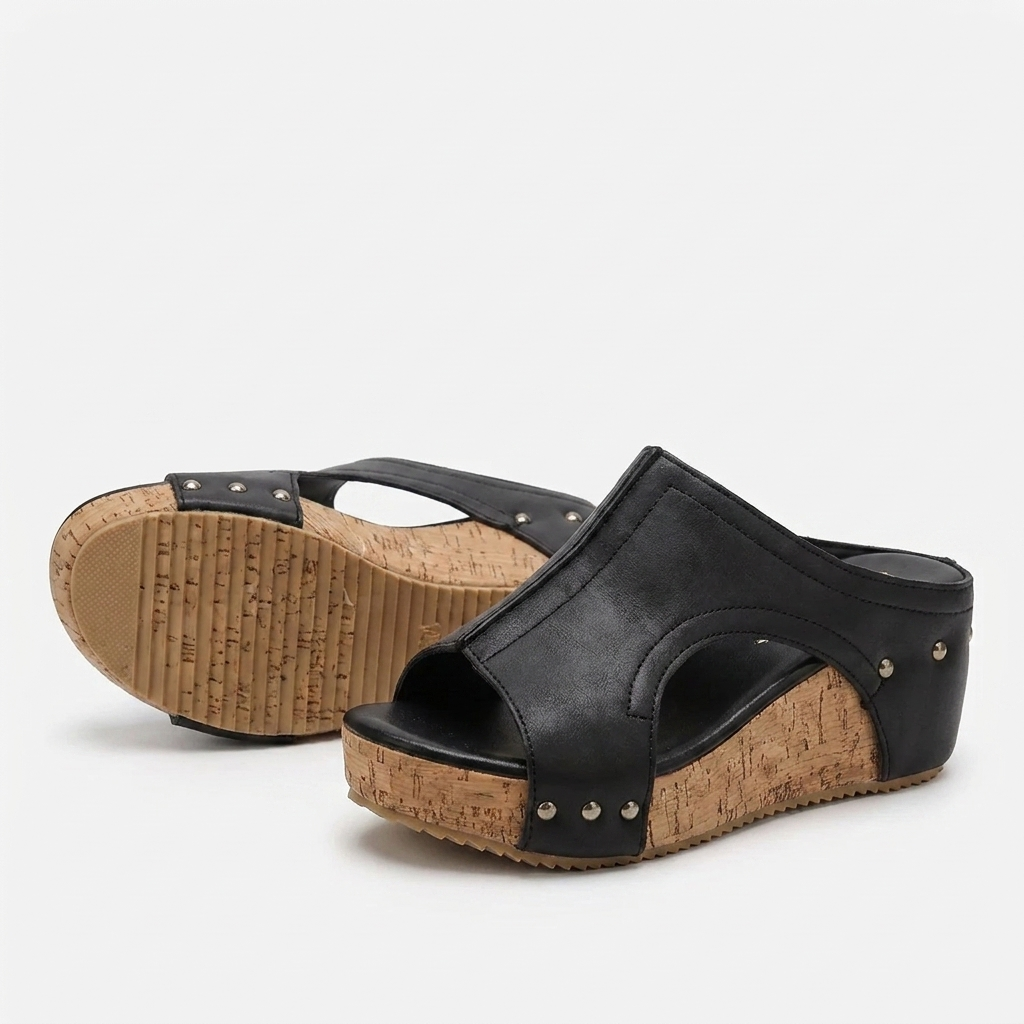 Sandalias Wedge Cómodas para Mujeres con T Strap de Tachuelas y Plataforma de Corcho con Punta Abierta