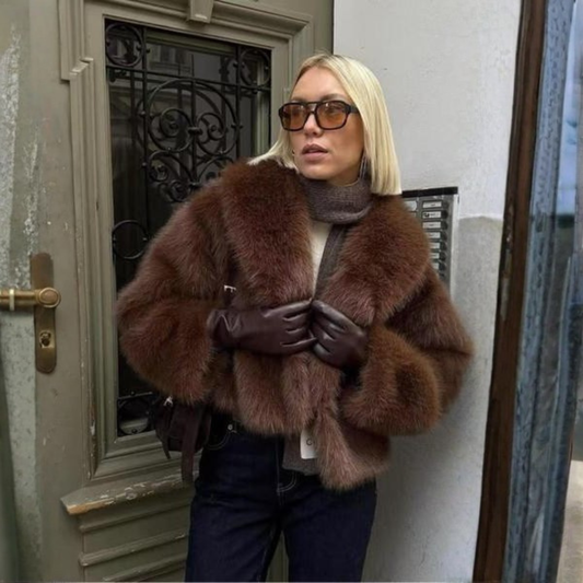 Elegante Chaqueta de Piel Sintética para Mujeres con Cuello Chal, Manga Larga, Estilo Oversized y Corto