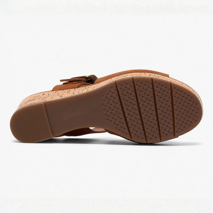 Sandalias de cuña cómodas para mujeres con tiras en el tobillo y punta abierta, estilo plataforma de corcho