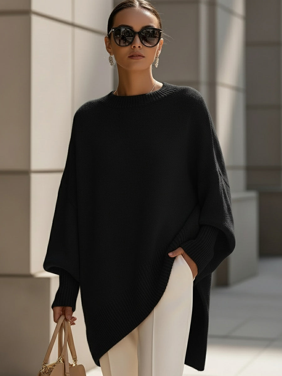 Suéter Poncho de Punto Cómodo para Mujeres con Cuello Redondo y Mangas Murciélago Oversized de Estilo Asimétrico
