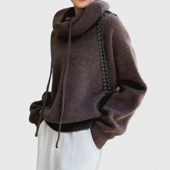 Suéter con Capucha de Punto Cómodo para Mujeres con Cuello de Cowl, Manga Larga, Estilo Oversized