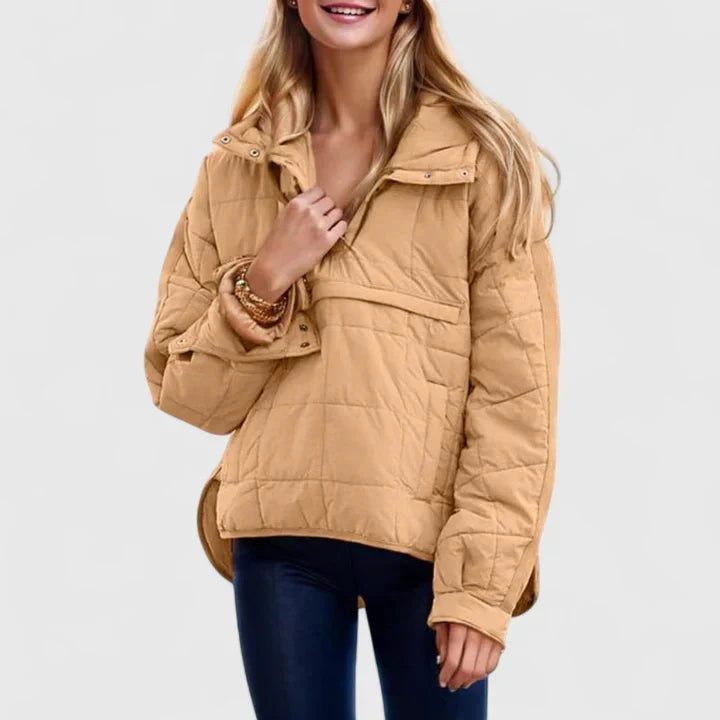 Chaqueta acolchada cómoda para mujeres con capucha, cierre de botones en la parte delantera, manga larga y dobladillo asimétrico de estilo casual