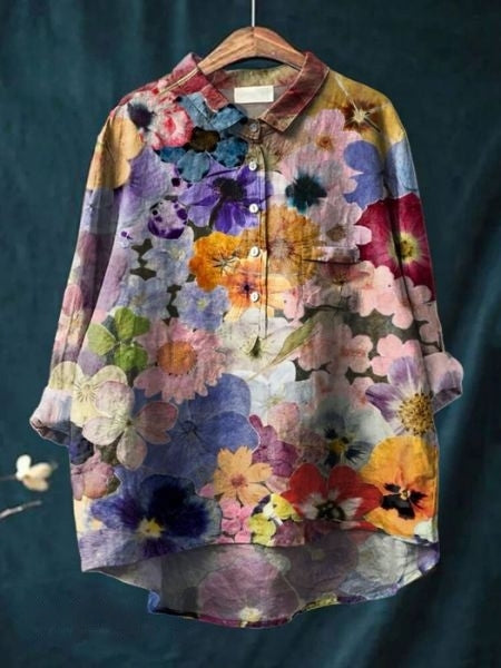 Blusa Floral Impresa Sin Esfuerzo para Mujeres con Cuello, Manga Larga, Botones en el Frente, Estilo Relajado